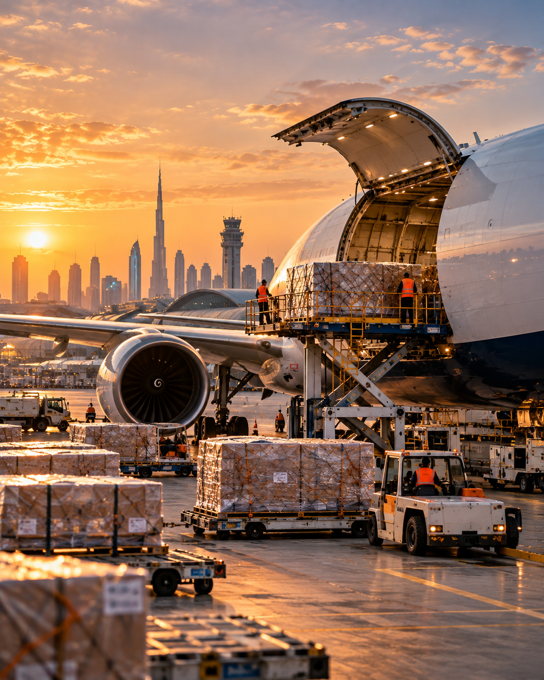 Aircraft on the apron at sunset