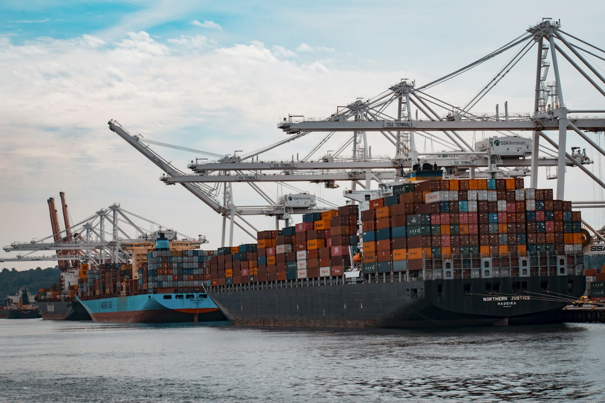 Loaded container ship at sea